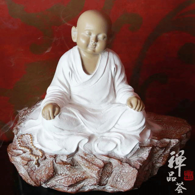 台湾铁丸石一角禅摆件放下石愿工艺石雕禅意小沙弥【有底座】