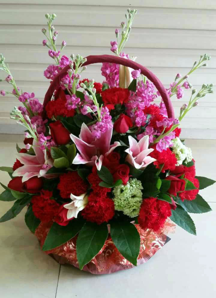 红玫瑰康乃馨百合紫罗兰祝福祝寿,拜年花篮