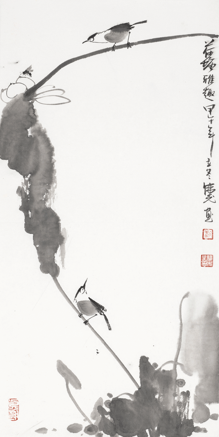 佳作 上海田子坊画家 刘伟光"小鸟赏荷"禅意竖幅国画