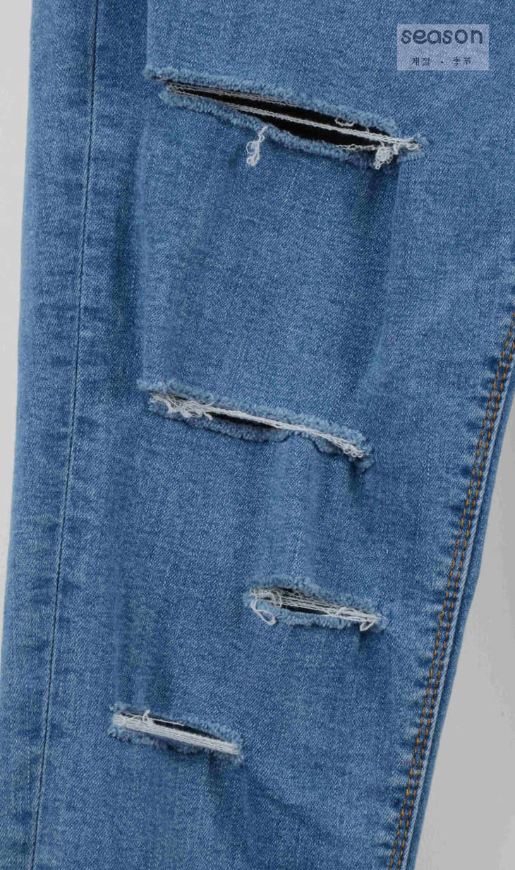 韩国时尚划痕破洞低腰水磨蓝弹性牛仔裤