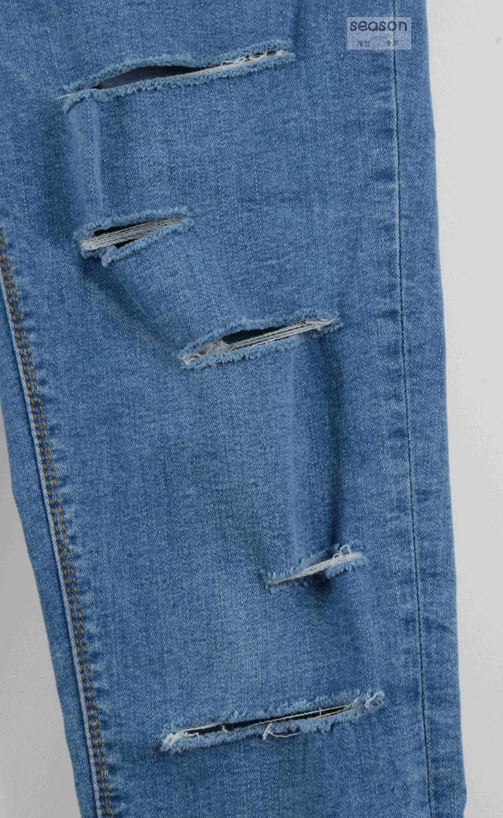 韩国时尚划痕破洞低腰水磨蓝弹性牛仔裤