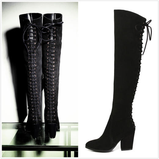 欧洲站秋冬尖头系带粗跟过膝长靴真皮高跟交叉绑带骑士靴女高筒靴 商品图0
