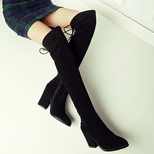 欧洲站秋冬尖头系带粗跟过膝长靴真皮高跟交叉绑带骑士靴女高筒靴 商品图1