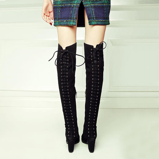 欧洲站秋冬尖头系带粗跟过膝长靴真皮高跟交叉绑带骑士靴女高筒靴 商品图2