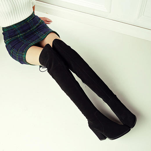 欧洲站秋冬尖头系带粗跟过膝长靴真皮高跟交叉绑带骑士靴女高筒靴 商品图4