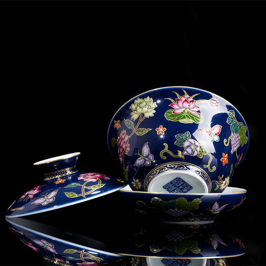 宝瓷林 蓝地珐琅彩折枝石榴杯6头9头茶具景德镇高温茶具礼盒装 商品图1