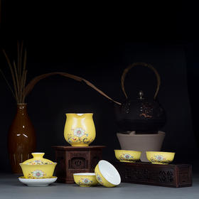 宝瓷林 黄地扒花花卉蹲式杯6头茶具景德镇高档手工茶具茶杯礼盒装