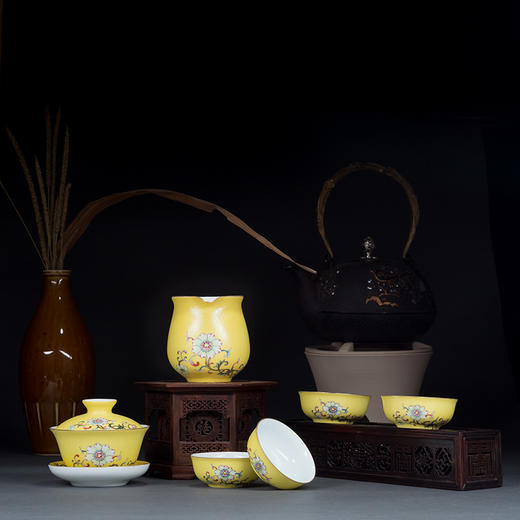宝瓷林 黄地扒花花卉蹲式杯6头茶具景德镇高档手工茶具茶杯礼盒装 商品图0