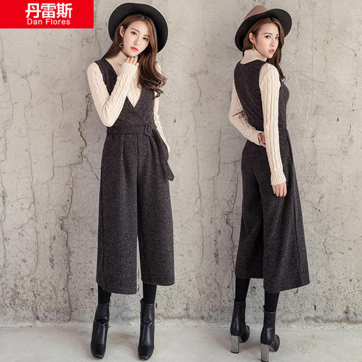 【优美】秋冬女裤背带裤毛呢阔腿裤连体裤九分裤 商品图0