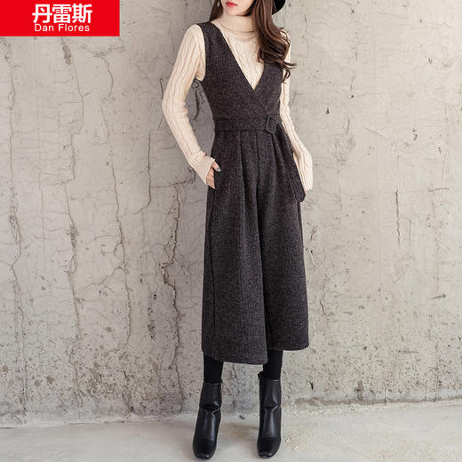【优美】秋冬女裤背带裤毛呢阔腿裤连体裤九分裤 商品图2